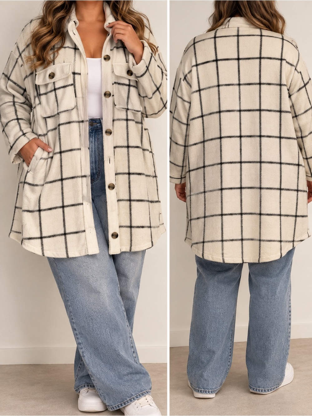 Melloday 3X Cream Black Windowpane Plaid Longline Shacket Jacket